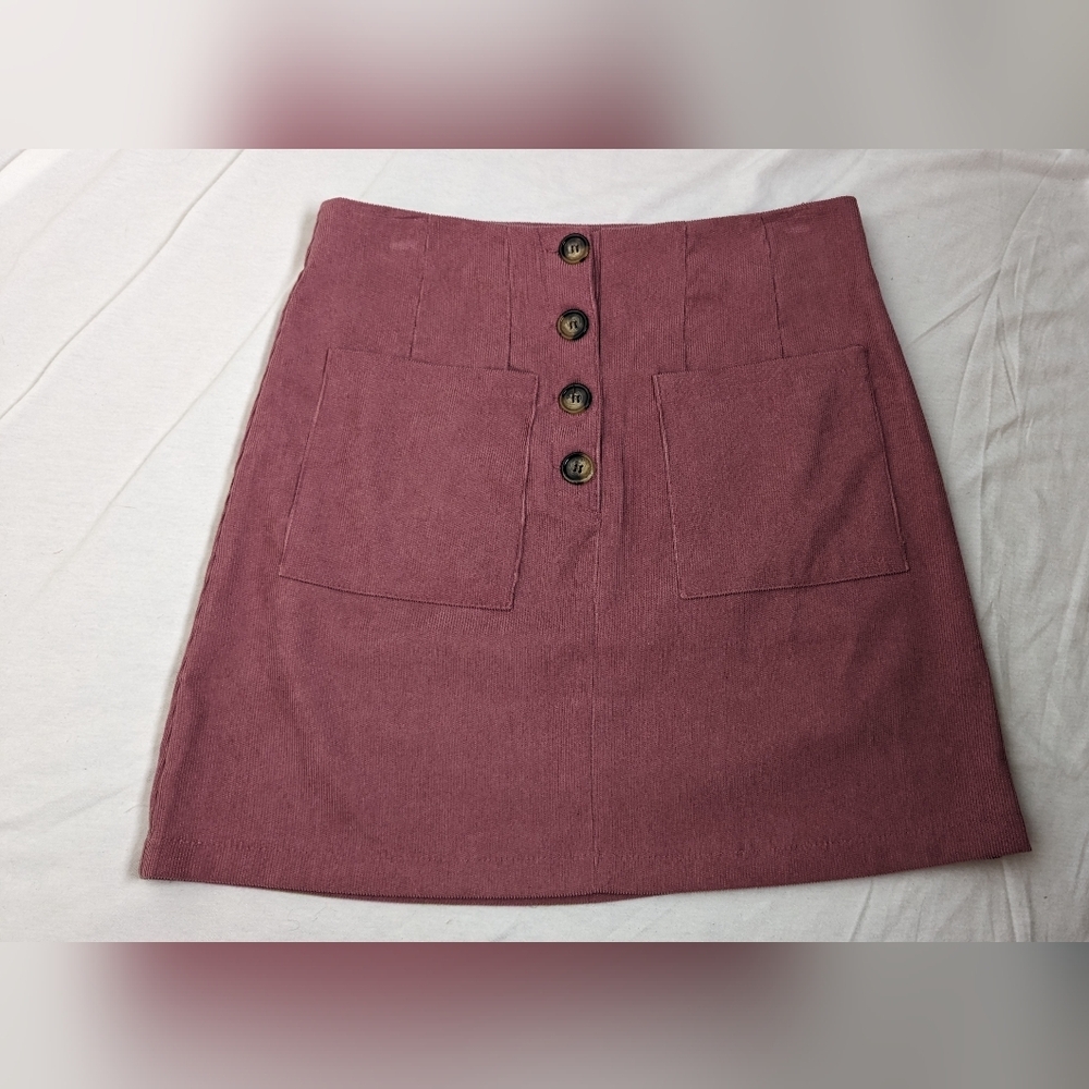 Ganji‎ LA pink corduroy A-line button down mini skirt size small, twee retro 70s